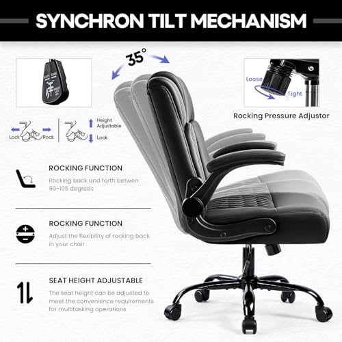 OFIKA Leather Office Desk Chair,Ergonomic Office Chair with Lumbar Support,Computer Chair,Executive Leather Chair with Padded Flip-up Arm,Adjustable Armrests, Black,275LBS OFIKA