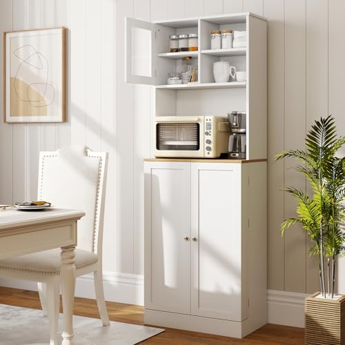 Giantex Kitchen Hutch Cabinet, 67" Tall Pantry Cabinet with Microwave Countertop, 8 Door Shelves & 5 Adjustable Shelves, Freestanding Cupboard with Glass Door for Living Room, Dining Room, White Giantex