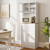 Giantex Kitchen Hutch Cabinet, 67" Tall Pantry Cabinet with Microwave Countertop, 8 Door Shelves & 5 Adjustable Shelves, Freestanding Cupboard with Glass Door for Living Room, Dining Room, White Giantex