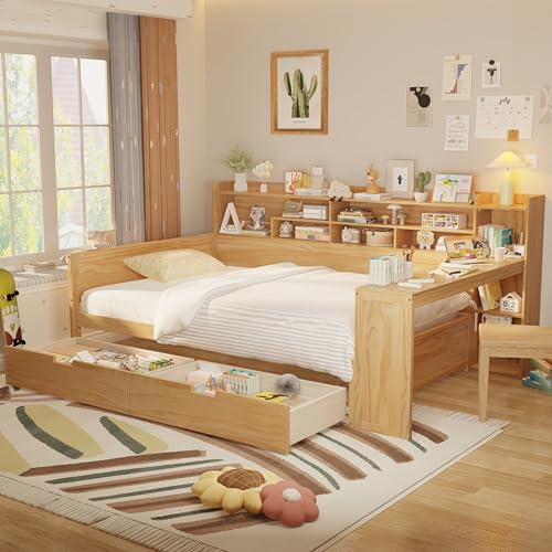 Bellemave Full Corner Bed Frame with Storage Shelves and Desk, Wood Full Size Daybed with Bookcase and Drawers, Natural Bellemave