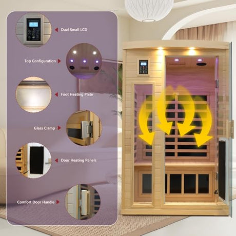 LTCCDSS 2 Person Ultra Low EMF（0-1mG）Infrared Sauna, Hemlock Wooden Far Infrared Sauna for Home with 8 Heaters, 2* Bluetooth Speakers, Reading Lamps, Outdoor Lamps, 3 Chromotherapy Lamps Indoor Sauna LTCCDSS