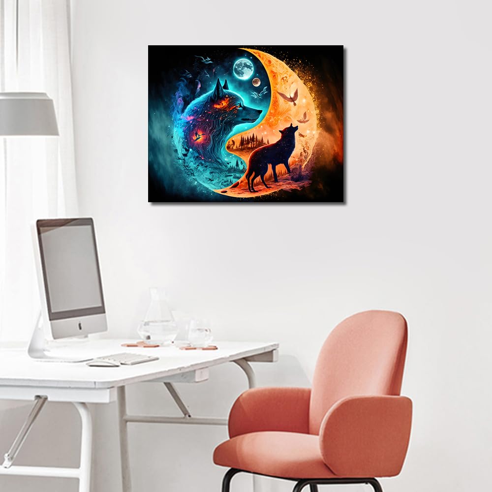 Wolf Oil Paint by Numbers Kit for Adults Yin Yang Orange Blue Animals Paint by Numbers Abstract Colorful Wolf Paint by Numbers Kits on Canvas DIY Paint by Numbers for Adults Beginner 16x20inch Rebotipy