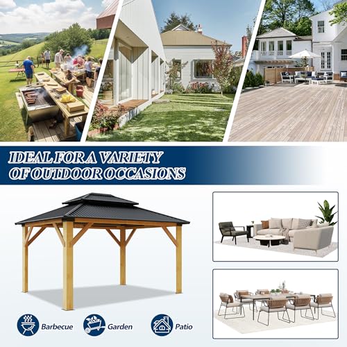 COVERONICS 13FT x 15FT Outdoor Cedar Wooden Gazebo - Patio Wood Frame Gazebo with Galvanized Steel Hardtop, Heavy-Duty Hardtop Gazebo with Netting for Garden, Poolside, Deck, Backyard - WoodArtSupply