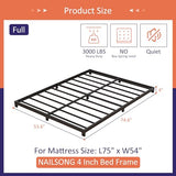 Nailsong 4 Inch Bed Frame Full Low Profile, Full Size Metal Bed Frame No Box Spring Needed, Heavy Duty Metal, Easy Assembly, Black Nailsong