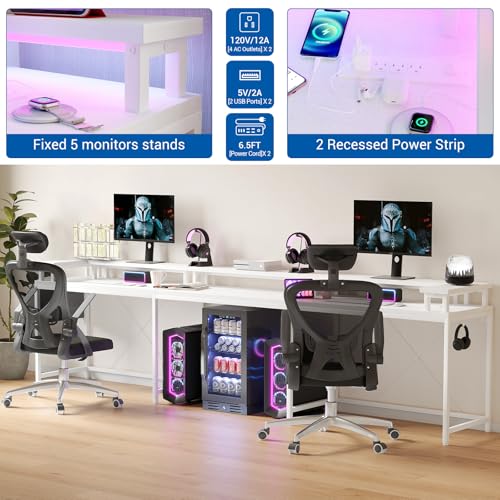 U Shaped Computer Gaming Desk, 79’’ Reversible l Shaped Computer Desk with Power Outlet & LED Strip, Office Desk with Monitor Stand, Large Corner Desk with Storage Bag for Bedroom, Office, White TrailBlaze