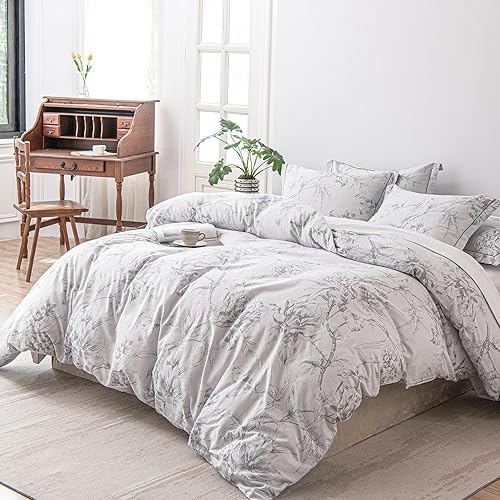 ALEISSEL 100% Natural Cotton 3pcs Floral Duvet Cover Sets-Grayish White Duvet Cover with Gray Luxurious Flowers & Branches Pattern,Botanical Comforter Cover Sets with Button Closure(King,Botanical ALEISSEL