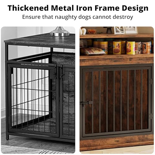 IRONCK 51" Corner Wooden Dog Crate Furniture with 2-Tier Shelves, Pet Kennel for Large Dogs, Space-Saving Dog Cage for TV Stand, Rustic Brown (26.7" L x 51.2" W x 33.5" H) IRONCK