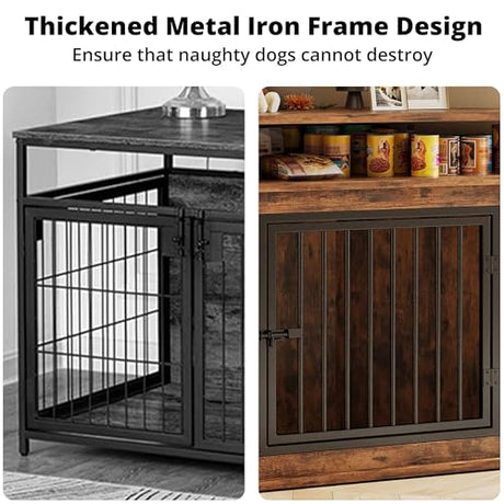 IRONCK 51" Corner Wooden Dog Crate Furniture with 2-Tier Shelves, Pet Kennel for Large Dogs, Space-Saving Dog Cage for TV Stand, Rustic Brown (26.7" L x 51.2" W x 33.5" H) IRONCK
