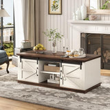 UPOSOJA Farmhouse Coffee Table for Living Room with Storage & 4 Sliding Barn Doors, Adjustable Shelves, Modern Rectangular Rustic Living Room, Meeting Room, Hall Coffee Tables (White+Brown) UPOSOJA