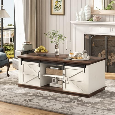 UPOSOJA Farmhouse Coffee Table for Living Room with Storage & 4 Sliding Barn Doors, Adjustable Shelves, Modern Rectangular Rustic Living Room, Meeting Room, Hall Coffee Tables (White+Brown) UPOSOJA