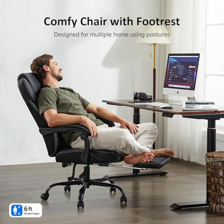amseatec Office Chair, Big and Tall Office Chair with Foot Rest Ergonomic Chair for Home Desk, Reclining High Back Leather Chairs with Lumbar Support(Black) amseatec