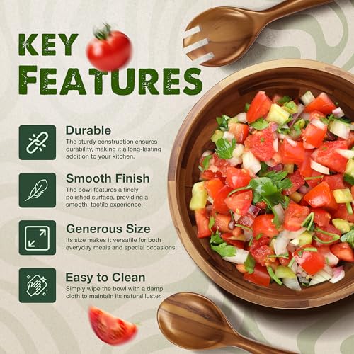 Tidita 12" Salad Bowl Set with 2 Wooden Hands - Large Acacia Wood Serving Bowl with Serving Utensils - Big Mixing Bowl for Fruits, Salad,Pasta for Kitchen Counter (12" Diameter x 4.5" Height) Tidita
