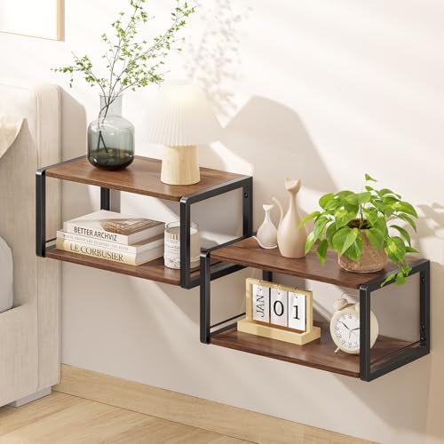 NANAGIFTREE Floating Nightstand Set of 2, Wood Bedside Shelf Wall Mounted Nightstand with Heavy-Duty Frame, Floating Bedside Table for Bedroom, Bathroom, Kitchen, (Vintage Brown, 2 Pack) NANAGIFTREE