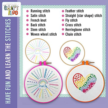 10 Pre-Stamped Embroidery Patterns for Beginners Embroidery Kit for Kids Girls Needlepoint Kits for Beginners Cross Stitch Craft Sewing Perfect for Ages 7-13 CRAFTILOO