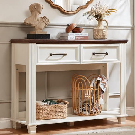 SAVOR LIFE Farmhouse 46" Console Table with 2 Drawers, Rustic Wood 2 Tier Entryway Table with Open Storage Shelf for Entry, Large Mid-Century Vintage Sofa Tables Behind Couch for Living Room, White SAVOR LIFE