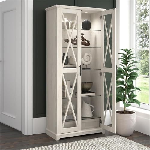 Bush Furniture Lennox Farmhouse Curio Cabinet with Glass Doors and Shelves in Linen White Oak | Tall 5 Shelf Display Case for Living Room or Home Office Bush Home