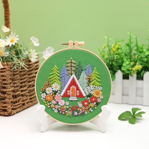 Louise Maelys Embroidery Kits for Beginners,Cross Stitch Kit for Adults,DIY Needlepoint with Forest Garden House Pattern,Including Hoop,Threads and Instructions