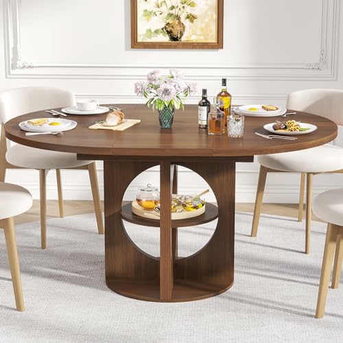 Modern Extendable Round Dining Table for 4-6, 43-59 Inch Oval Dinner Kitchen Table with Storage, Wood Walnut Circle Table with Leaf, Space Saving, for Dining Room, Living Room Xyulmeo