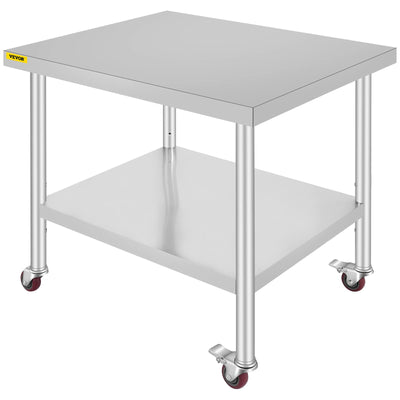 Mophorn 30x36x34 Inch Stainless Steel Work Table 3-Stage Adjustable Shelf with 4 Wheels Heavy Duty Commercial Food Prep Worktable with Brake for Kitchen Prep Work