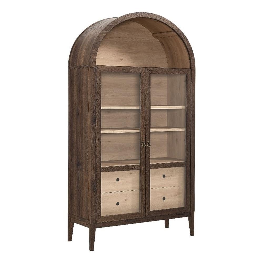 Modway Nolan Tall Arched Storage Display Cabinet in Walnut Light Oak - 74 Inch Arch Bookshelf with Glass Doors, Shelves and Drawers - Modern Accent Cabinet for Living Room, Dining Room Modway