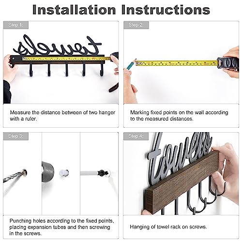 Dahey Towel Rack with 6 Hooks, Towel Holder Wall Mount Bathroom Organizer Rustic Farmhouse Home Decor Towel Hanger Storage Hooks for Towel, Robe, Bag, Black Dahey