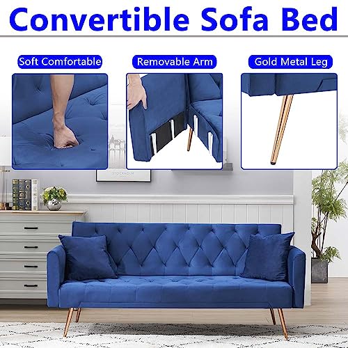 Majnesvon 71" Convertible Folding Sleeper Sofa Couch,Modern Velvet Loveseat Sleeper with 2 Pillows, Futon Sofa Bed with Mattress and Frame for Living Room,Bedroom,Small Space (Blue) Majnesvon