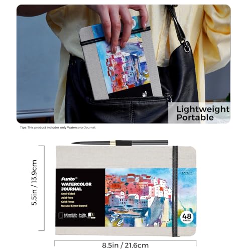 Funto Watercolor Journal, 8.5x5.5, 48 Pages, Cold-Pressed, Inner Paper Pocket and Elastic Band, Art Supplies for Mixed Media Funto