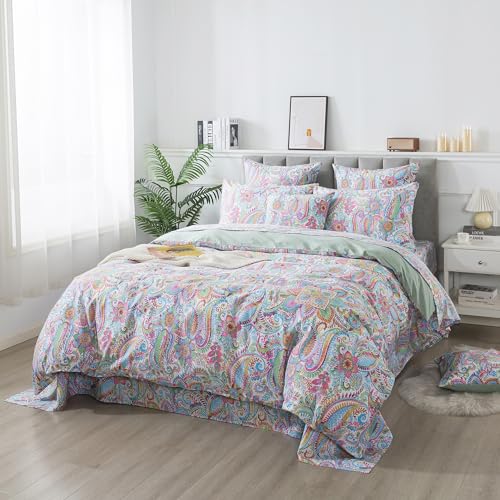 FADFAY Paisley Duvet Cover Set Queen Bohemian Damask Paisley Bedding Luxurious Pink Boho Paisley Comforter Cover Set 100% Cotton Ultra Soft Quilt Cover with Hidden Zipper Closure 3 Pieces, Queen Size FADFAY