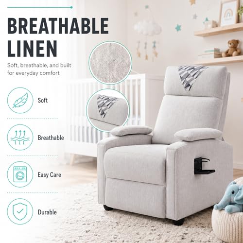 HRVEOCEI Modern Small Recliners for Adults, Gray Recliner Chair with Cup Holder, Push Back Recliners for Small Spaces Living Room Bedroom, 90°-160° Adjustable, Extended Footrest (Light Gray)