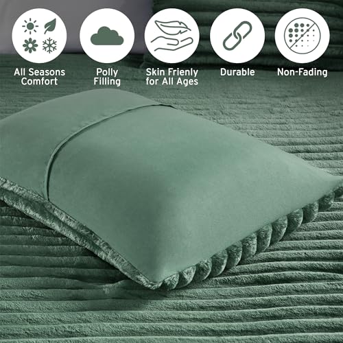 Intelligent Design Twin Comforter Set, Cozy Plush Bedding, Microfiber Reverse, 2 Piece, Lightweight, Super Soft Ribbed Velvet Comforter 1 Sham, All Season Fluffy Bed Set, Avril, Twin/Twin XL Green Intelligent Design