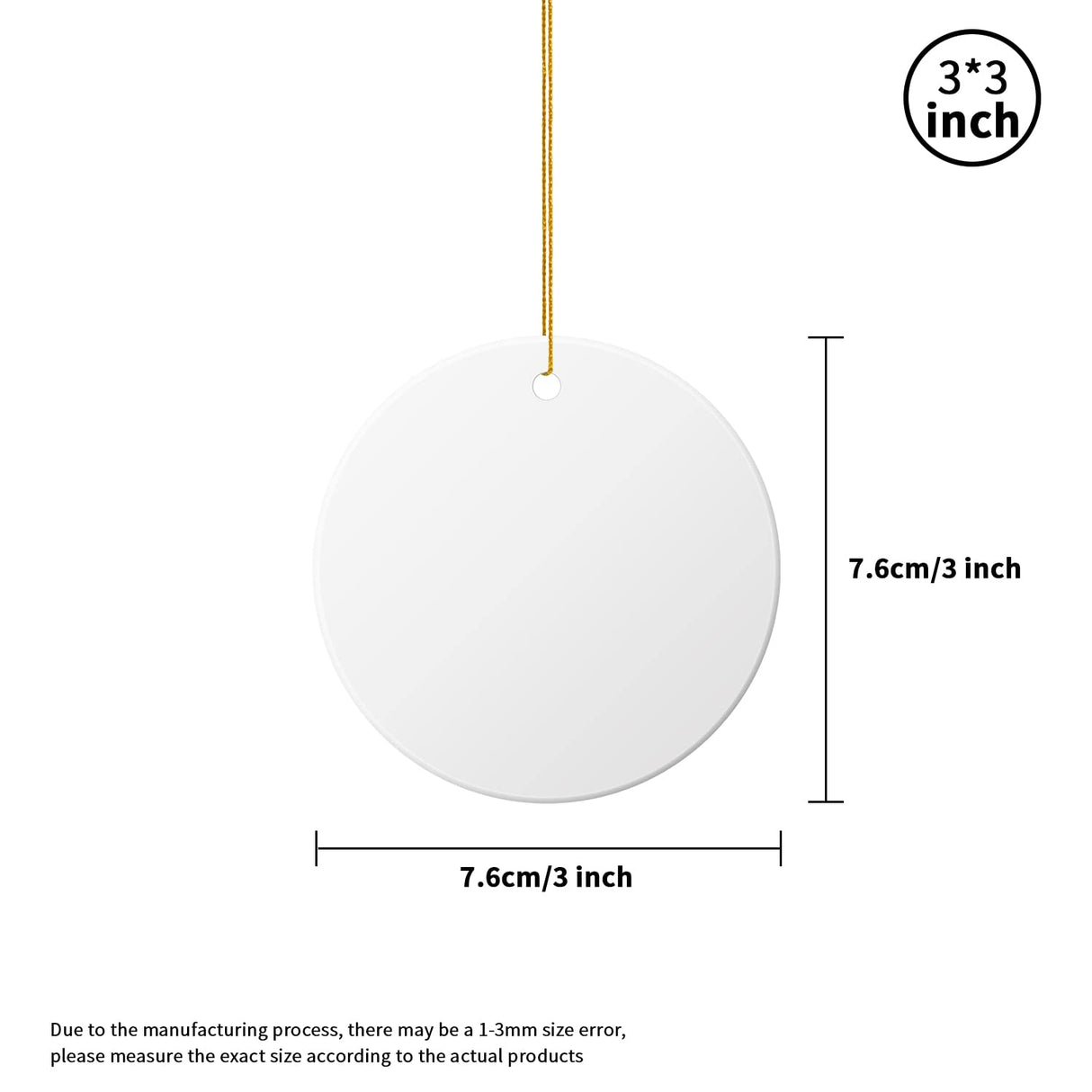 ACRIMAX 20 PCS Sublimation Ceramic Ornament Bulk White 3 Inch Round Blank Hanging Ornament with Gold String for Crafting DIY Personalized Home Decor Bulk ACRIMAX