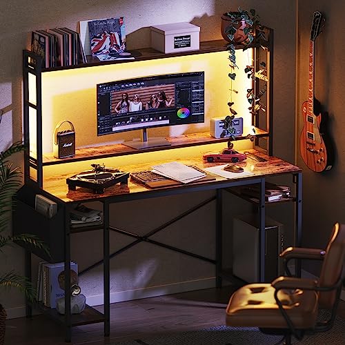 Huuger 55 inch Computer Desk with Adjustable Shelves, Gaming Desk with LED Lights & Power Outlets, Home Office Desk with Monitor Stand, Hooks & CPU Stand, Rustic Brown