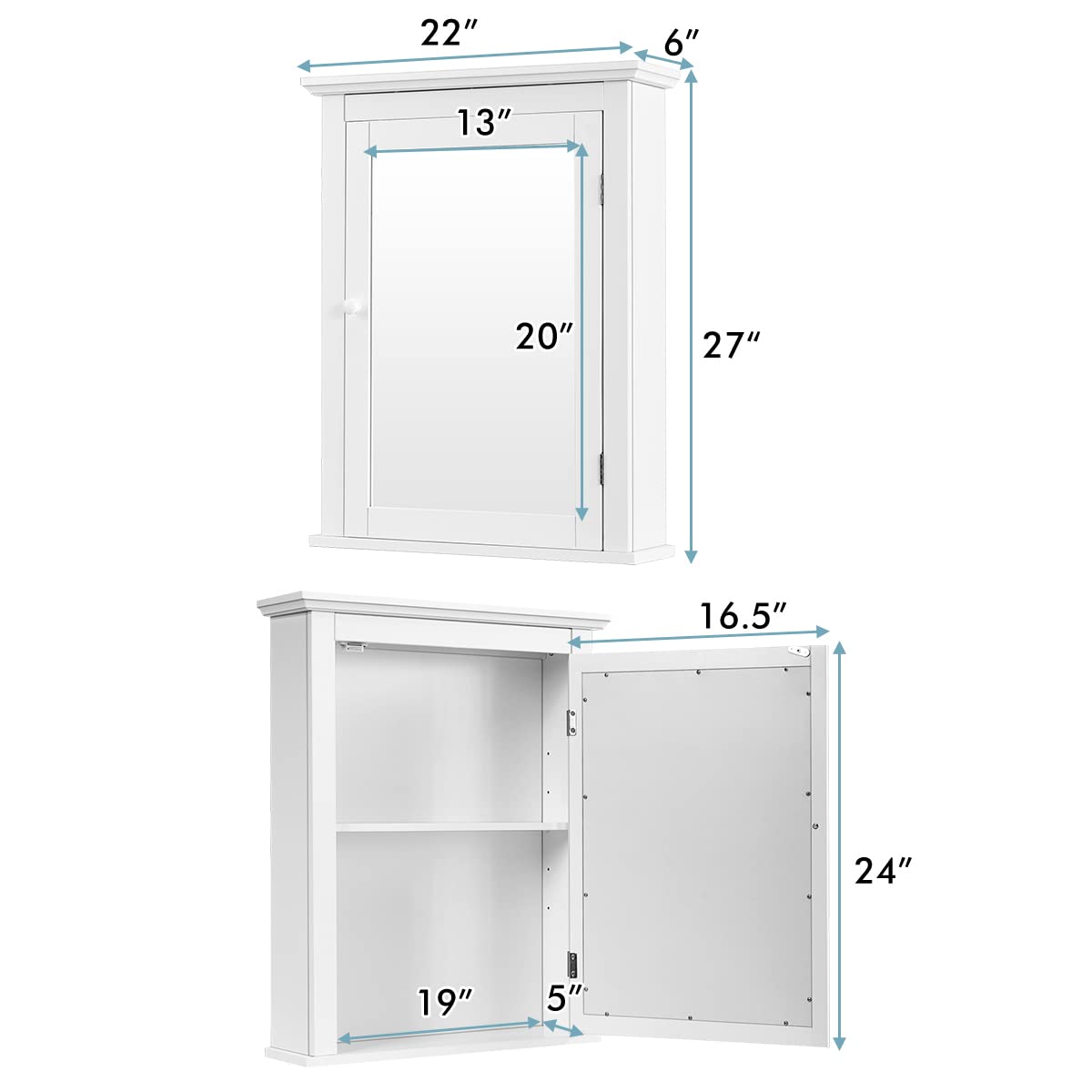 Tangkula Bathroom Cabinet with Mirror, Mirrored Wall-Mounted Storage Medicine Cabinet w/Single Door & Adjustable Shelf in 5 Positions, Multipurpose Wall Cabinet for Bathroom (White)