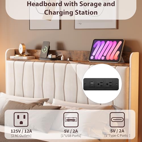 IDEALHOUSE King Floating Bed Frame with LED Lights & Charging Station, Upholstered Platform Bed with Storage Headboard, Wood Slats Support, No Box Spring Needed, Easy to Assemble, White IDEALHOUSE