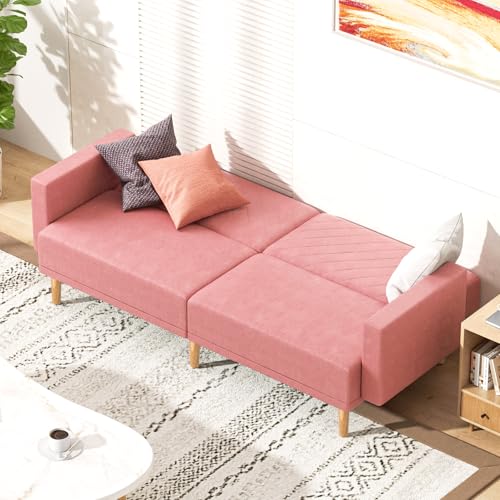 MoNiBloom 75 Inch Convertible Couch Sofa Bed, Reclining Futon Sleeper with Cloud Cushion & Ergonomics Armrest, 3 Seater Upholstered Couch, Comfy Reclining Sofa Bed for Living Room, Bedroom, Pink MoNiBloom