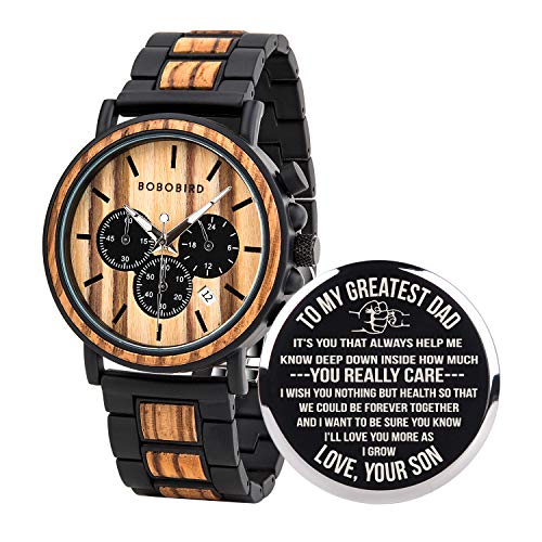 BOBO BIRD Mens Personalized Engraved Wooden Watches, Stylish Wood & Stainless Steel Combined Quartz Casual Wristwatches for Men Family Friends Customized Watch (A-for Dad from Son) BOBO BIRD