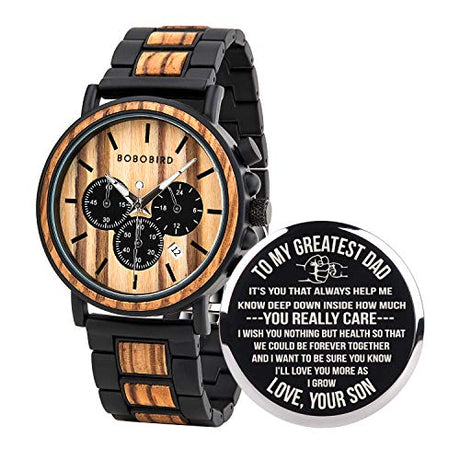 BOBO BIRD Mens Personalized Engraved Wooden Watches, Stylish Wood & Stainless Steel Combined Quartz Casual Wristwatches for Men Family Friends Customized Watch (A-for Dad from Son) BOBO BIRD
