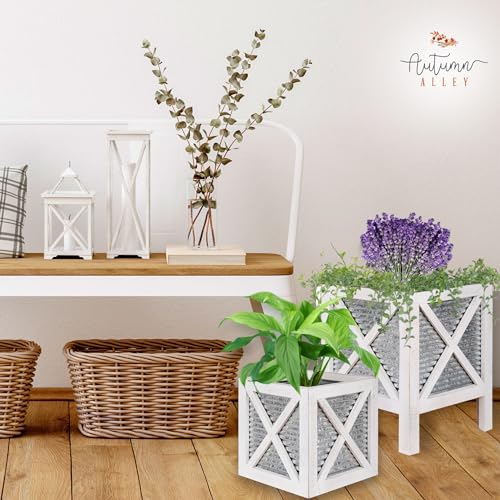 Autumn Alley Farmhouse Front Porch Planters Set of 2 Stand with Galvanized Corrugated Metal Planters for Outdoors/Indoors - Rustic Wood Square Planters Box on Legs – Charming Farmhouse Décor, White Autumn Alley