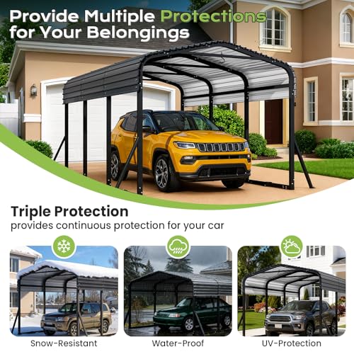 Jocoevol 10x15FT Metal Carport, Heavy Duty Car Garage w/Reinforced Support Rods and Windproof Ground Anchors, All-Weather Multi-Use Outdoor Shelter for Car, Boats and Truck Jocoevol