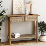 Nathan James Beacon Wooden Sofa Console Table with Drawers, Bohemian Entryway Table, Hallway Table with Seagrass Shelf, Light Brown Nathan James