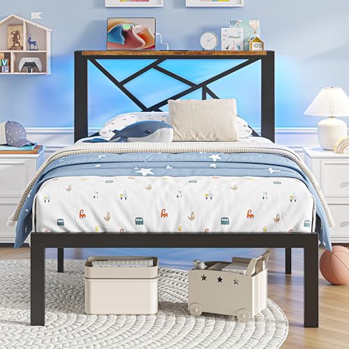 ChicZhiNest Twin Size Black Metal Bed Frame with USB Charging Station, LED Ambient Lighting, and Wooden Storage Headboard - Includes Under-Bed Storage, No Box Spring Needed, Noise Free, Easy Assembly ChicZhiNest