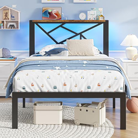 ChicZhiNest Twin Size Black Metal Bed Frame with USB Charging Station, LED Ambient Lighting, and Wooden Storage Headboard - Includes Under-Bed Storage, No Box Spring Needed, Noise Free, Easy Assembly ChicZhiNest