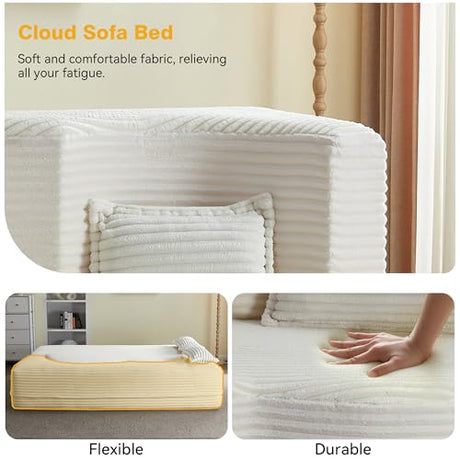 78" Twin Size Convertible Folding Sleeper Sofa Bed, Modern Corduroy Futon Sofa Bed with Pillow, Foam Mattress Loveseat Cloud Couch, No Assembly Floor Couches for Living Room, Playroom, Apartment Beige extrasleep