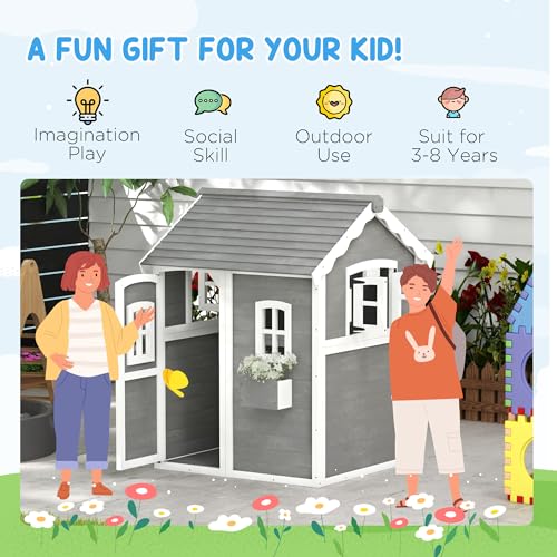 Outsunny Playhouse for Kids Outdoor, Wooden Playhouse with Floors, Doors, Windows, Planter Box, for 3-8 Years Old, Backyard, Lawn, Garden, Gray