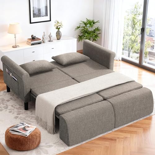 SEJOV 74" Convertible Sofa Bed, 5-in-1 Loveseat Sleeper Sofas with Pull Out Couch Bed, Storage Pockets & 2 Pillows, Modern Folding Linen Futon Couch for Living Room, Bedroom, Small Space, Brown SEJOV