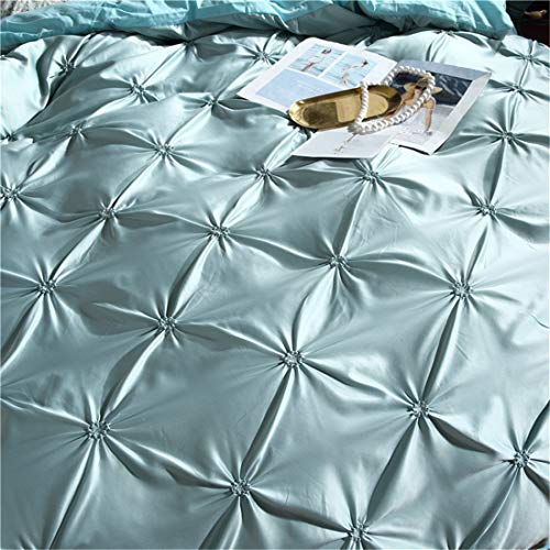 Erosebridal Blue Pinch Pleated Quilt Cover King Size Silk Like Satin Pintuck Bedding Set with Zipper Ruffle Design Luxury & Microfiber Comforter Cover Pintuck Decorative Bedspread Cover Erosebridal