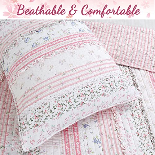 Cozy Line Home Fashions Pink Flower Lace Ruffle Stripe Shabby Chic Girl 100% Cotton Reversible Quilt Bedding Set, Coverlet, Bedspread (Pink Lace, King - 3 Piece: 1 Quilt + 2 Shams) Cozy Line Home Fashions