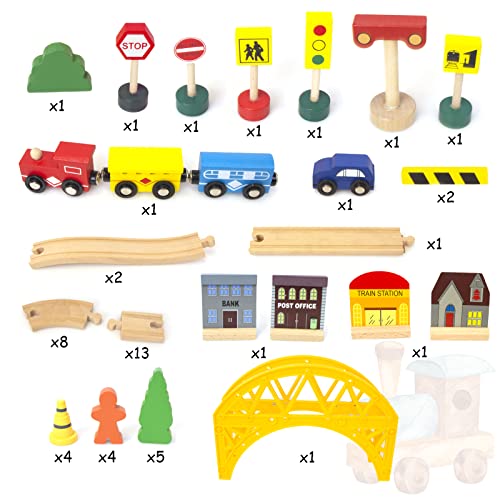 60Pcs Train Set for 3 Year Old Boys, Double-Side Wooden Train Set Tracks for Toddlers, Fits Brio, Thomas, Melissa and Doug, Kids Wood Train Toys for 3 4 5 Year Old Boys and Girls (Yellow) - WoodArtSupply