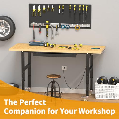Sylritha 60" Work Bench with Storage, Adjustable Workbench with Drawers, Heavy-Duty Work Bench with Power Outlets, 3000 LBS Garage Workbench, Work Table with Wheels for Workshop, Office Sylritha