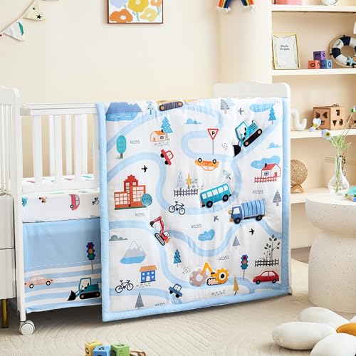 NacoMoco 3-Piece Crib Bedding Set for Boys Girls - Ultra Soft & Skin Friendly Baby Bedding Set Includes Crib Comforter, Sheet & Crib Skirt(Vehicle) NacoMoco